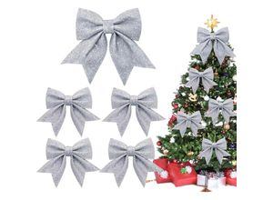 6219466711823 - She 1+4 Stück Silber Schleifen Weihnachten Weihnachtsbaum Schleifen Glitzer Weihnachtsbaumschmuck für Familienfeiern Party Dekoration für Weihnachten