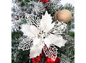 6219466714329 - 12 Stück Glitter Weihnachtsbaum Dekoration Weihnachtsbaumschmuck Ornament aus Kunststoff Weihnachten Blumen Dekor Christbaumanhänger (Weiß9 cm)