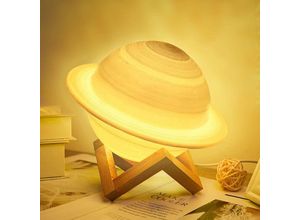 6273997893656 - Devenirriche - 3D-Mondlampe 16-farbige LED-Mondlampe Saturn-Planetenlampe dimmbares Nachtlicht mit Holzständer und hängendem Netz Fernbedienung