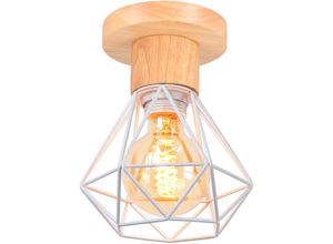 6407971261319 - Axhup - Deckenlampe Ø16cm Deckenleuchte im Industrial Design Eisen Diamant Lampe mit Käfig für Wohnzimmer Schlafzimmer Weiß + Holzfarbe 1PCS