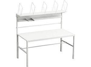 6416763072347 - Packtisch komplett manuell höhenverstellbar mit Karton-Magazinboard Dokumentenablage Lochplatte und Rollenhaltern HxBxT 1080 - 1550 x 1800 x 900 mm Treston