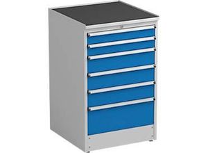 6416763094745 - Schubladenschrank Treston 6 Schubladen abschließbar B 715 x T 715 x H 1100 mm Stahl lichtgrau RAL 7035 blau RAL 5007