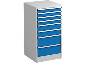 6416763094769 - Schubladenschrank Treston 8 Schubladen abschließbar B 715 x T 715 x H 1400 mm Stahl lichtgrau RAL 7035 blau RAL 5007