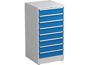 6416763094776 - Schubladenschrank Treston 9 Schubladen abschließbar B 715 x T 715 x H 1400 mm Stahl lichtgrau RAL 7035 blau RAL 5007