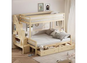 6901280143286 - Okwish - Kinderbett 90200 140200 cm Etagenbett aus Massivholz mit Sicherheitsstufen Staufach zwei großen Schubladen und Lattenrost naturfarben