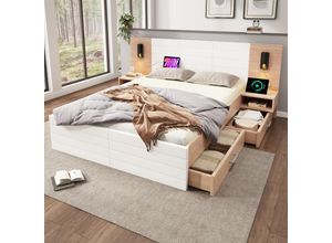 6911280152799 - Doppelbett aus Holz 180 x 200 cm mit 2 Schubladen Leselampe mit USB-Ladefunktion modernes Bett mit 2 Nachtkästen Bettgestell und Lattenrost 255 x