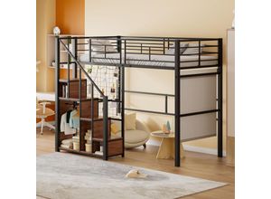 6921277632043 - Okwish - Hochbett mit Sicherheitsleiter 90200 Kinderbett mit Eisengestell und Stauraum Jugendbett Einzelbett Schwarz