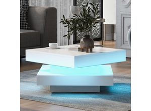 6921277632586 - Glänzend weißer quadratischer Couchtisch mit drehbarer Platte – moderner Techno-Stil mit 16-farbigem LED-Licht 70 x 70 x 36 cm