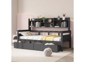 6921280143161 - Okwish - 90x200 Schlafsofa Schubladen und Regale Lattenrost Kinderbett Jugendbett Einzelbett Massivholzbett Grau