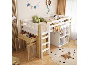 6921280156109 - Okwish - Kinderhochbett multifunktionales Kinderbett Einzelbett mit 2 Stauschränken und Leiter ohne Matratze 90 x 200 cm Natur + Weiß[OLD