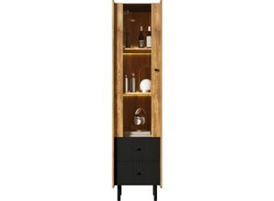 6921285152182 - Redom - Sideboard Säule mit schwarzer Holzmaserung – 180 x 44 x 40 cm mit Glastür gelbe LED-Beleuchtung 2 Schubladen