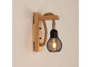 6926826307526 - Comely - Rustikale Vintage Retro Wandlampe aus Holz Wandlampe mit schwarzen Metallkäfig-Schirmen E27 Innenwandleuchte aus Holz mit Hanfseil für