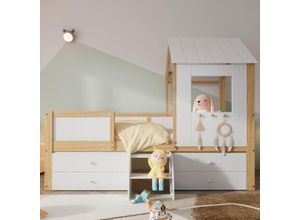 6931277631656 - Okwish - Kinderbett halbhohes Bett Hochbett mit Dach und Fenster vierseitiger Zaun mit 4 Schubladen und kleiner Treppe Kiefer+MDF+Sperrholz