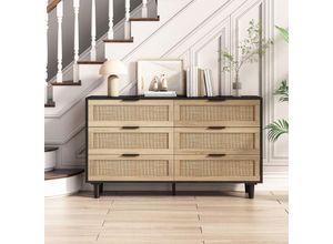 6931280141531 - Okwish - Rattan-Aufbewahrungsschrank mit 6 Schubladen 130 cm Rattan-Schublade für Schlafzimmer Wohnzimmer Schwarz