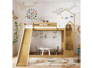 6931280144853 - Etagenbett Hochbett Kinderbett Bett mit Ecktreppe Kinderbett mit Dach und Fenster Kinderbett mit 3 Spinden auf der Treppe Etagenbett mit