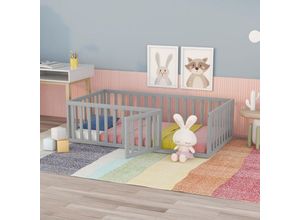 6931280149988 - Okwish - Babybett 90 x 200 Holzbodenbettgestell mit Zaun und Tür grau (alte Artikelnummer für WF316892AAG)