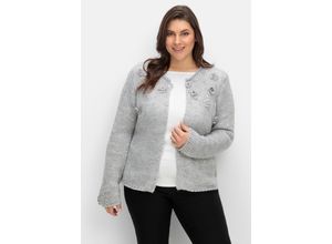 6932342394285 - Große Größen Cardigan mit Häkelblüten und Glitzergarn grau meliert Gr40