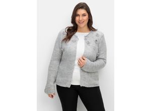 6932342394308 - Große Größen Cardigan mit Häkelblüten und Glitzergarn grau meliert Gr44 6932342394308 - Große Größen Cardigan mit Häkelblüten und Glitzergarn grau meliert Gr44