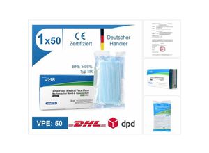 6934841515277 - Mr Solutions - 50x Medizinischer Mund Atem Nasen Schutz Filtration bfe 98 % en 146832019+AC2019 Typ iir op Maske 3 lagig