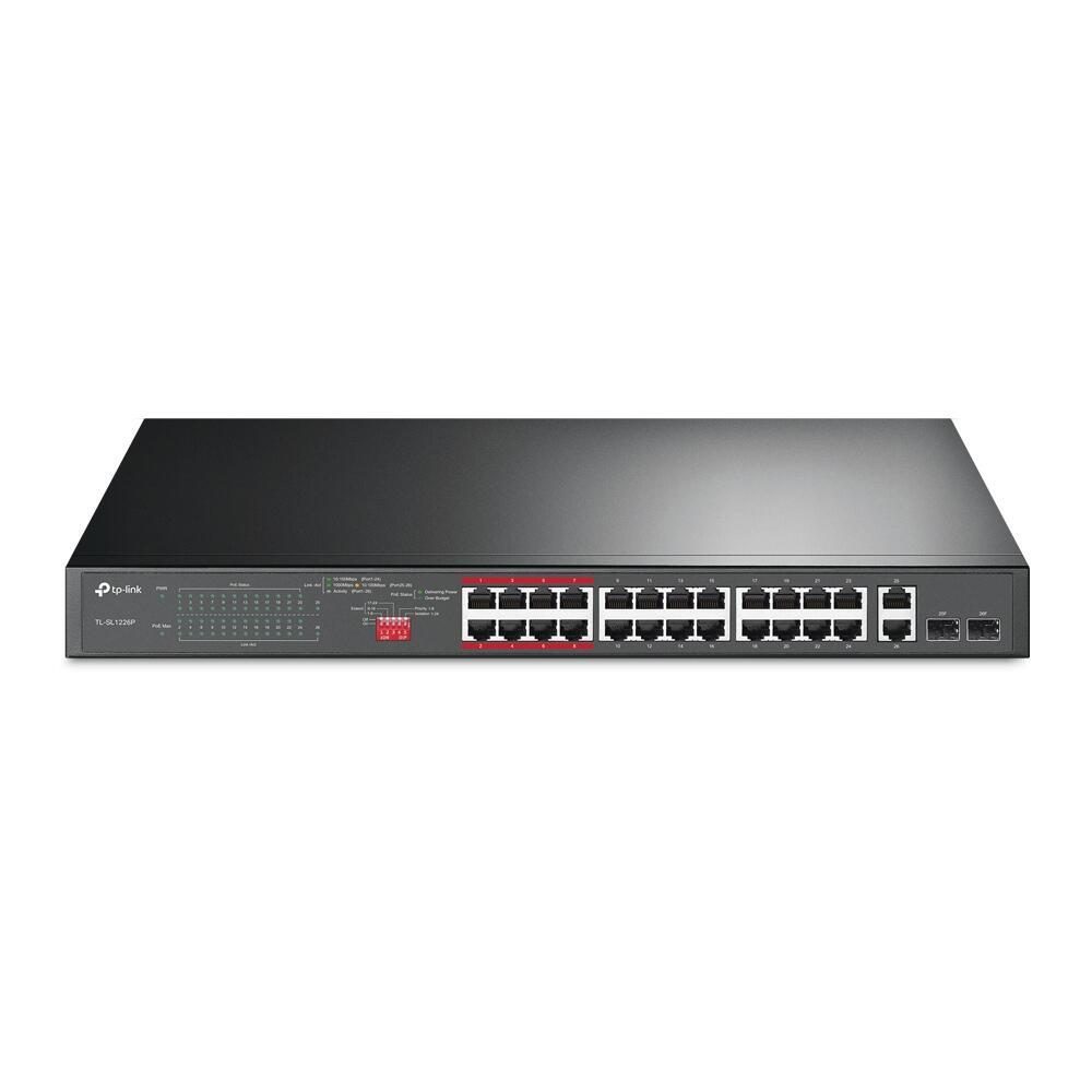 6935364089443 - TL-SL1226P - Switch - unmanaged - 24 x 10 100 (PoE+) + 2 x 10 100 1000 + 2 x Kombi-Gigabit-SFP - Desktop an Rack montierbar - PoE+ (250 W)