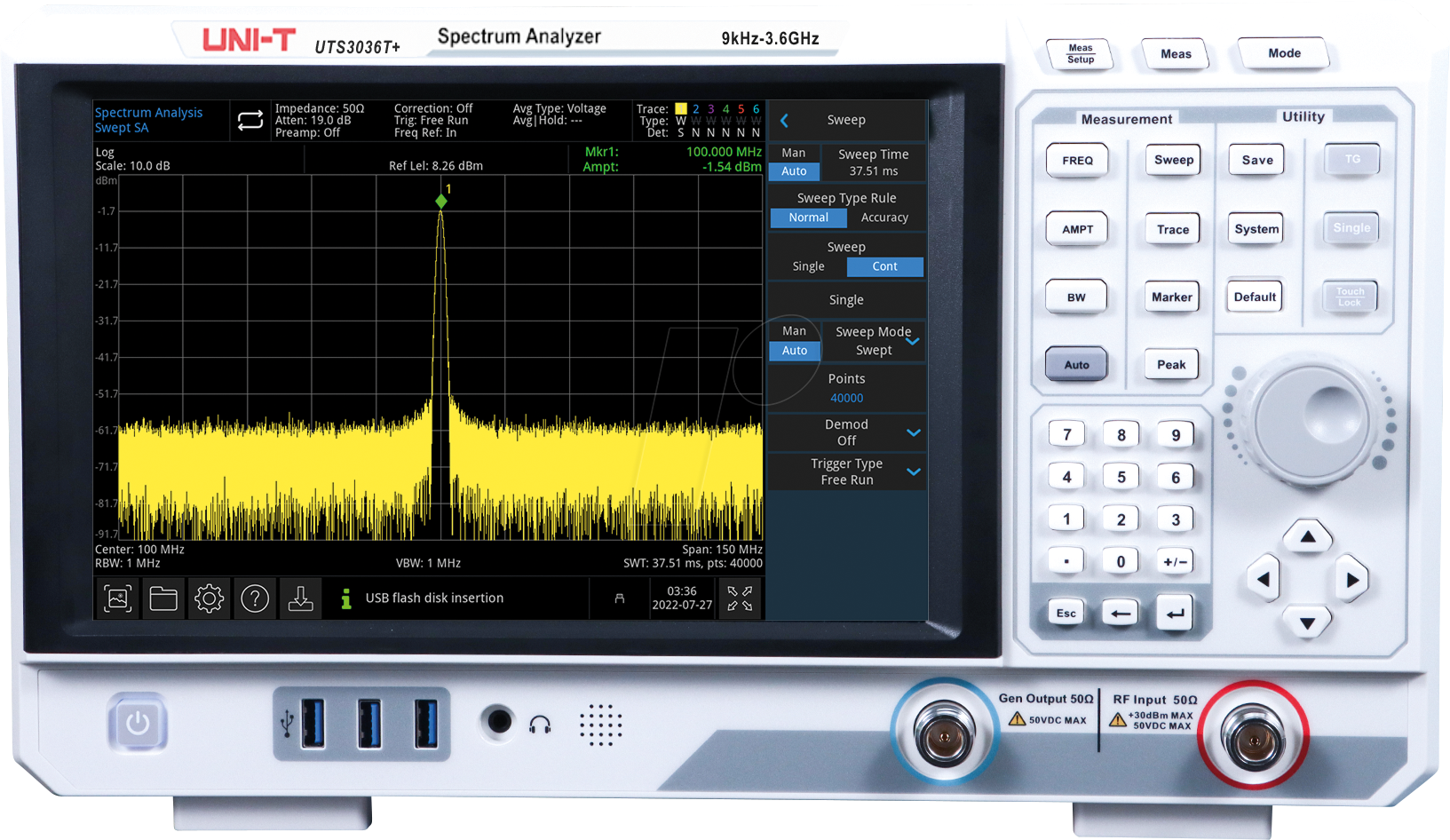 6935750530900 - UTS 3036T+ - Spektrumanalysator UTS3036T+ 9 kHz bis 36 GHz TG-Funktion