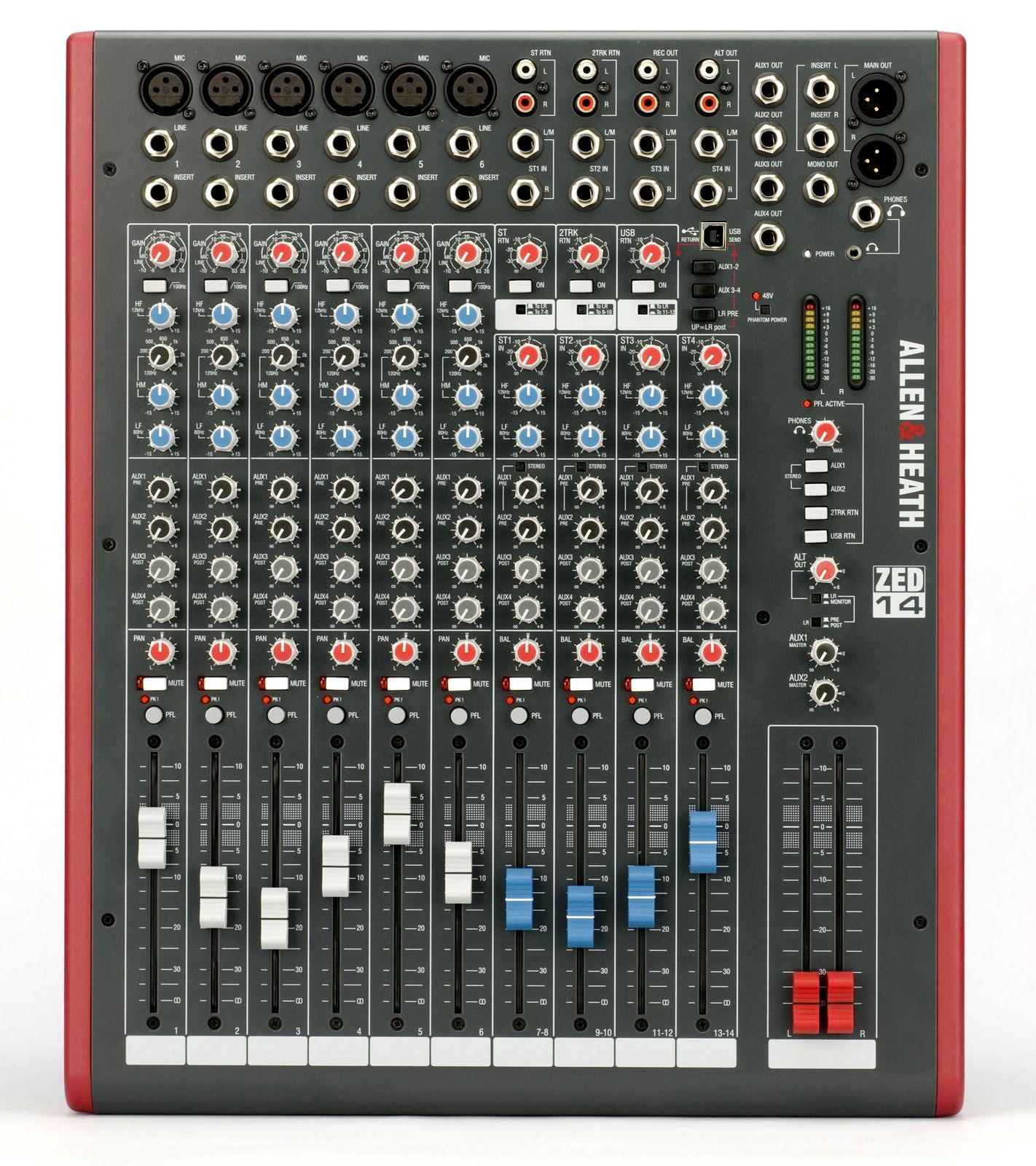 6938122229044 - Allen&Heath ZED-14 Mixer 8 Inputs 2 StereoIN 3-Band-EQ USB 4 Auxwege Fader