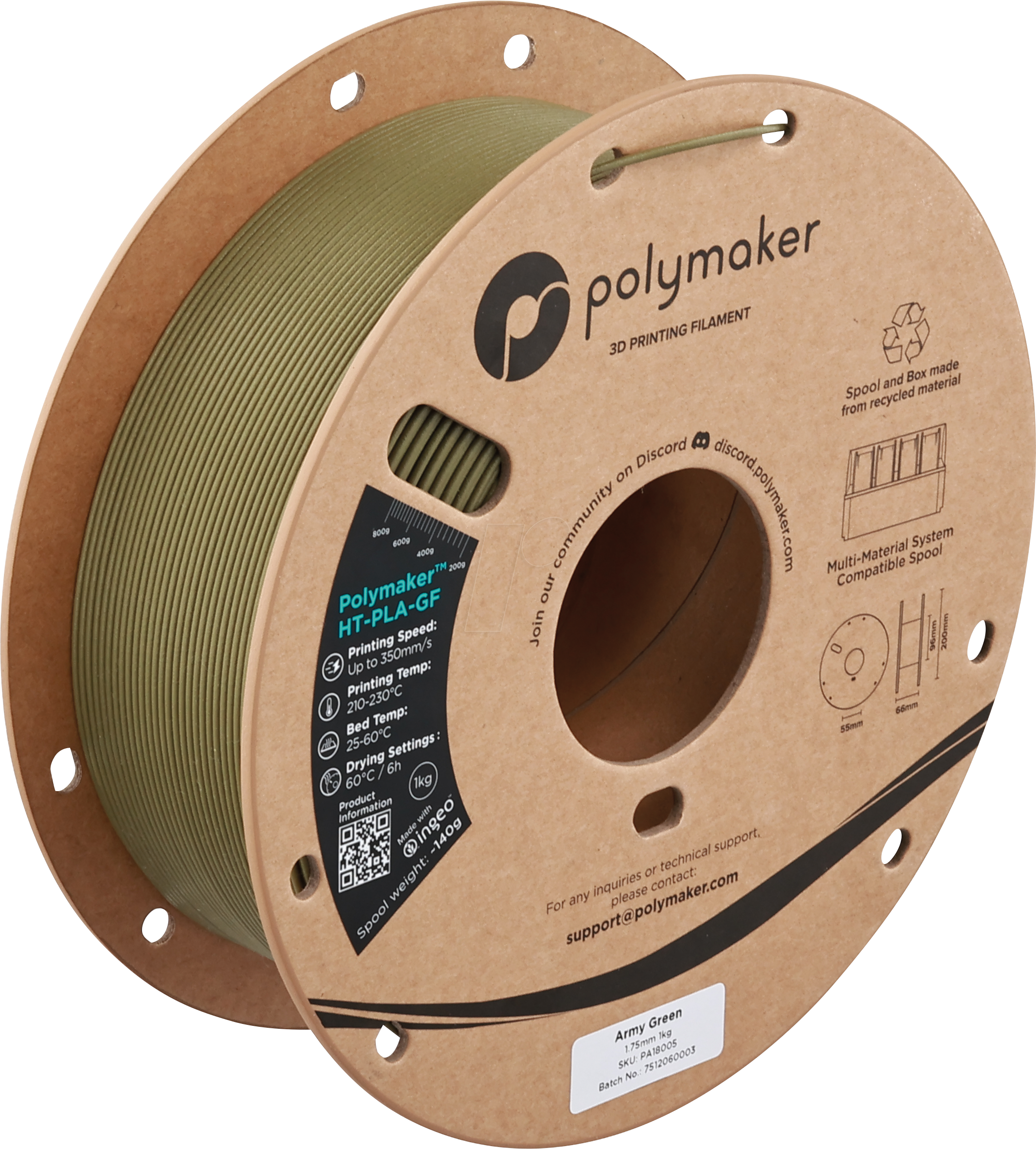 6938936716426 - POLYMAKER A18005 - Filament HT-PLA-GF Army Green 175 mm 1kg 6938936716426 - POLYMAKER A18005 - Filament HT-PLA-GF Army Green 175 mm 1kg