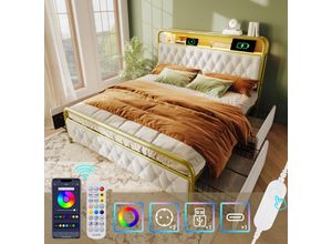 6941277628402 - Okwish - Polsterbett Doppelbett mit aufladen usb Type c Ladefunktion APP-Control led Bettgestell Metallbett 140×200 Bettrahmen und 4 Schubladen Samt