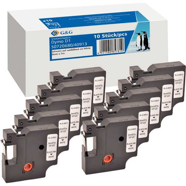 6941881284957 - Schriftbandkassette kompatibel zu Dymo 40913S0720680 9 mm breit  4 m lang schwarz auf weiß 6941881284957 G und G