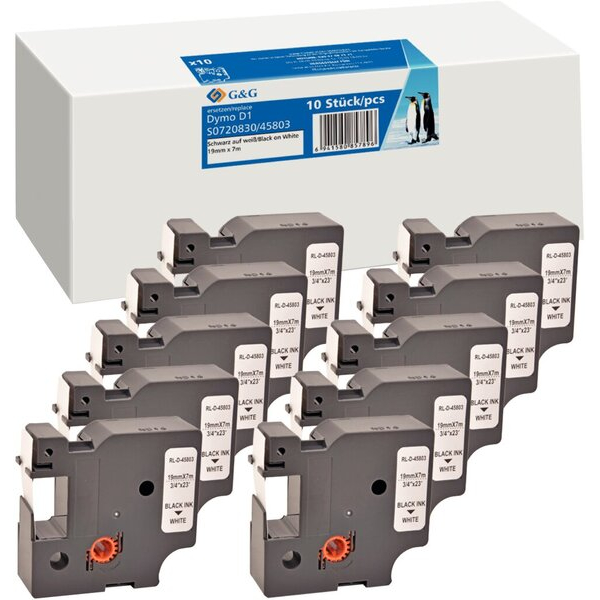 6942383160046 - Schriftbandkassette kompatibel zu Dymo 45803S0720830 19 mm breit  7 m lang schwarz auf weiß 6942383160046 G und G