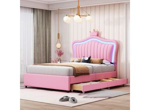 6951277632194 - Kinderbett gepolstertes Bett 90 x 200 cm Pink Crown Girls Einzelbettgestell aus PU-Leder mit Aufbewahrungsschubladen LED-Leuchten Lattenrost und