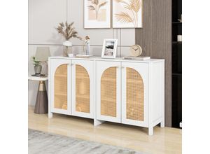 6951280148040 - Okwish - Modernes Sideboard im minimalistischen Stil 4 Rattantüren Metallgriff einfacher Buffetschrank für Esszimmer Wohnzimmer Küche (weiß)