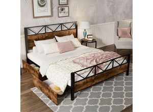6951280149702 - Okwish - Metallbett Vintage-Holzfarben zwei Schubladen auf Rollen Jugendliche und Erwachsene Metallrahmen flache Betten Metall + mdf Schwarz + 6951280149702 - Okwish - Metallbett Vintage-Holzfarben zwei Schubladen auf Rollen Jugendliche und Erwachsene Metallrahmen flache Betten Metall + mdf Schwarz +