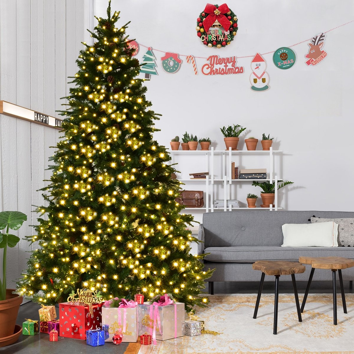 6952938355933 - Künstlicher Tannenbaum mit LED-Lichterketten Weihnachtsbaum 210 225 240 cm Grün-240 Cm