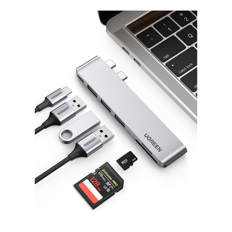 6957303865604 - Ugreen - HUB-Adapter für MacBook Pro   Air 2x usb-c auf 3x usb 30   tf   sd   usb-c - Grau