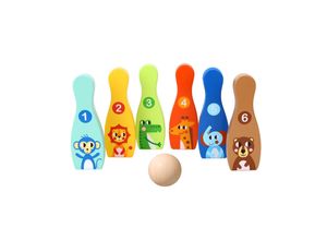 6972633371564 - Tooky Toy Kegelspiel TH295 Holz 7-teilig 6 bunte Kegel und 1 Kugel Tiermotive bunt