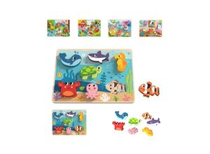 6972633374503 - Tooky Toy 3D Kinder Holz-Puzzle Tiere 8-teiliges Steckpuzzle ab 12 Monaten dunkelblau