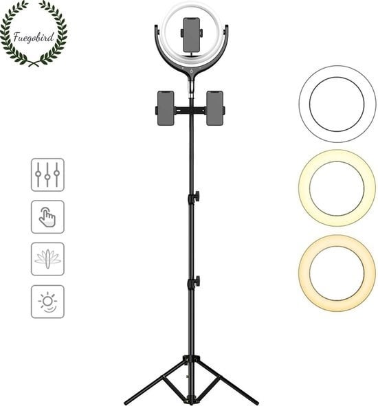 6972751499720 - LED Ringlampe mit Stativ inkl Handyhalterung - 30 cm - 200 cm hoch (verstellbar) - USB - TikTok - Ringlicht - Blitzlicht - Ringlampe - Vlog - Make-up Licht - Studioleuchte (Schwarz)