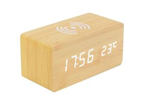 7062012376903 - Digitaler Thermometer-Wecker Holz-Digitalwecker LED-Digital-Holzwecker mit kabellosem Ladegerät Holzwecker mit Induktionsladegerät kabelloses