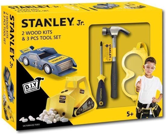 7290017511504 - Stanley Werkzeugset für Kinder - mit 2 DIY-Fahrzeugen - Hammer Schraubenzieher und Schutzbrille - ab 5 Jahren - Holz