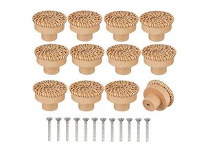 7317829360219 - 12er-Pack runde Kommodenknöpfe aus Rattan im Bohemian-Stil handgefertigte Knöpfe mit Schrauben für Holzmöbel für Kommode Schubladen Kleiderschrank