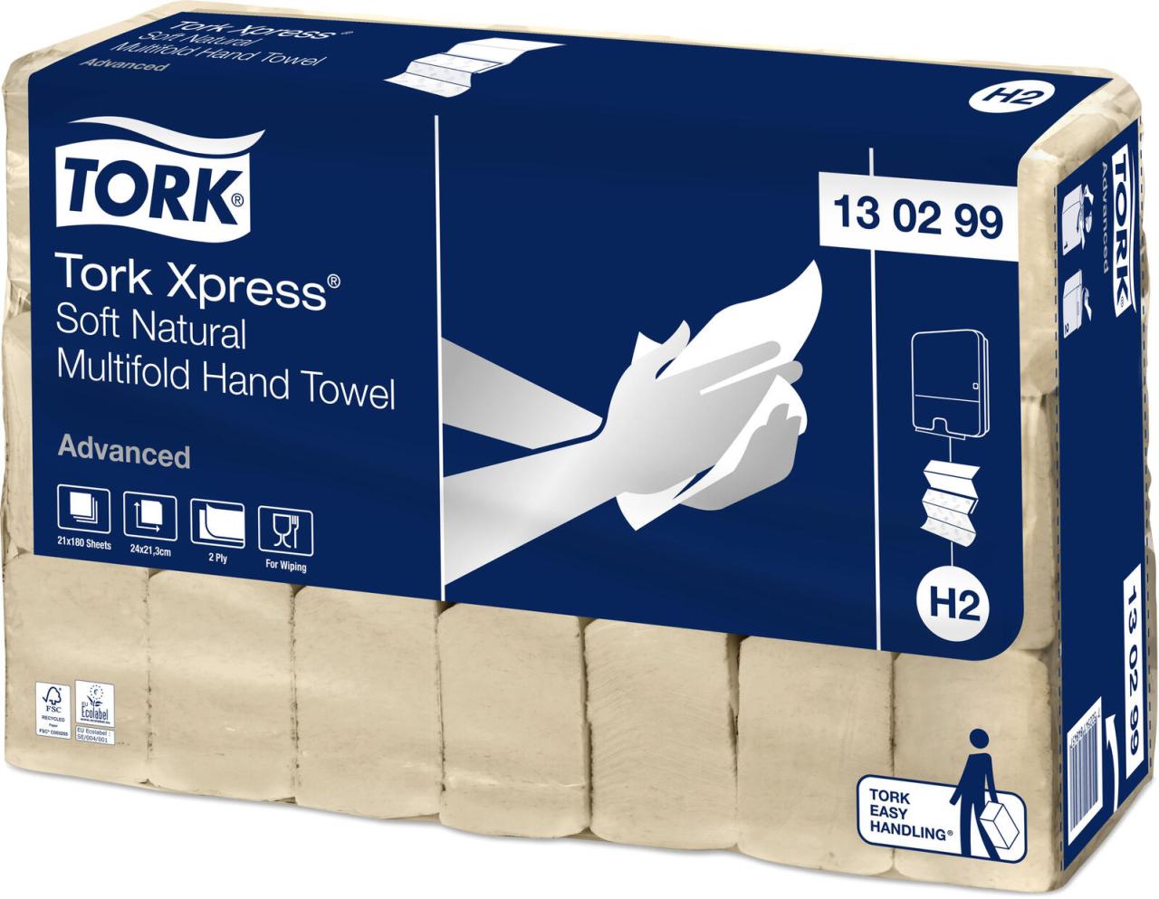 7322541848457 - Tork® Falthandtücher Xpress® Soft Natural Multifold 130299 2-lagig Zickzack-Falzung H2-kompatibel 21 Packungen á 180 Blatt 100 % Recyclingpapier naturfarben