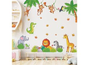 7354185183649 - Wandaufkleber Dschungeltiere Affe Giraffe Elefant Löwe Zebra Wandaufkleber abziehen und aufkleben DIY-Vinyl-Wandkunst für Kinder