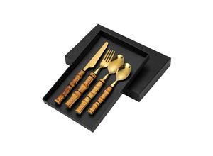 7354185218761 - Sollbry - Western-Küchenutensilien-Set aus Edelstahl Western-Steakmesser Gabel und Löffel (4-teiliges Set) (Griff aus Edelstahl Bambus Gold