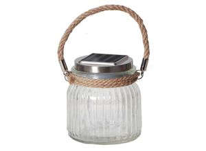 7391482010599 - Star Trading Deutschland Gmbh - LED-Solar-Leuchte Glass Jar 1 warm white led mit Sisalaufhänger ca 11 cm x 12 cm Solarpanel Outdoor