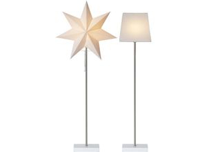 7391482043092 - Star Trading Stehlampe mit Wechselschirm Moa von Star Trading 3D Papierstern Weihnachten oder eckiger Lampenschirm in Weiß mit Fuß aus Holz und Metall Dekostern Stehleuchte mit Kabelschalter E14 Höhe 82 cm