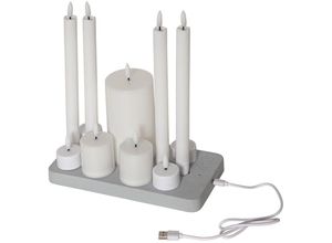 7391482071743 - Star Trading - Kerzen Set Flamme Charge Mix 4 Teelichter 4 Antik-Kerzen 2 Votiv-Kerzen 1 Stumpenkerze weiß usb Kabel Ladeplatte Warmweiß