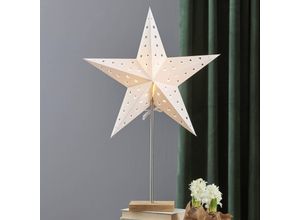 7391482233073 - Star Trading Tischlampe mit Wechselschirm Leo von Star Trading 3D Papierstern Weihnachten oder eckiger Lampenschirm in Weiß mit Fuß aus Holz und Metall Dekostern Tischleuchte mit Kabelschalter E14 Höhe 65 cm