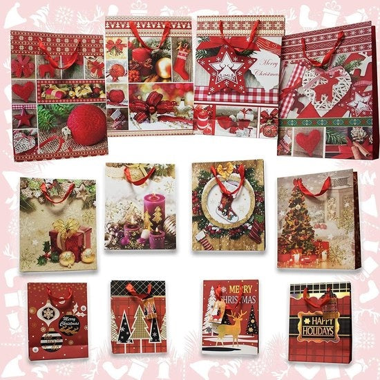 7432152487447 - Sortiment von 12 weihnachtlichen Geschenktüten mit Seilgriffen und passenden Geschenketiketten - 4 große (31 x 40 cm) 4 mittlere (26 x 32 cm) und 4 kleine (18 x 24 cm)