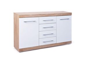 7435110984989 - Ebuy24 - Lubef Kommode 2 Türen 4 Schubladen Sonoma Eiche Dekor weiss Hochglanz - Eiche Dekor